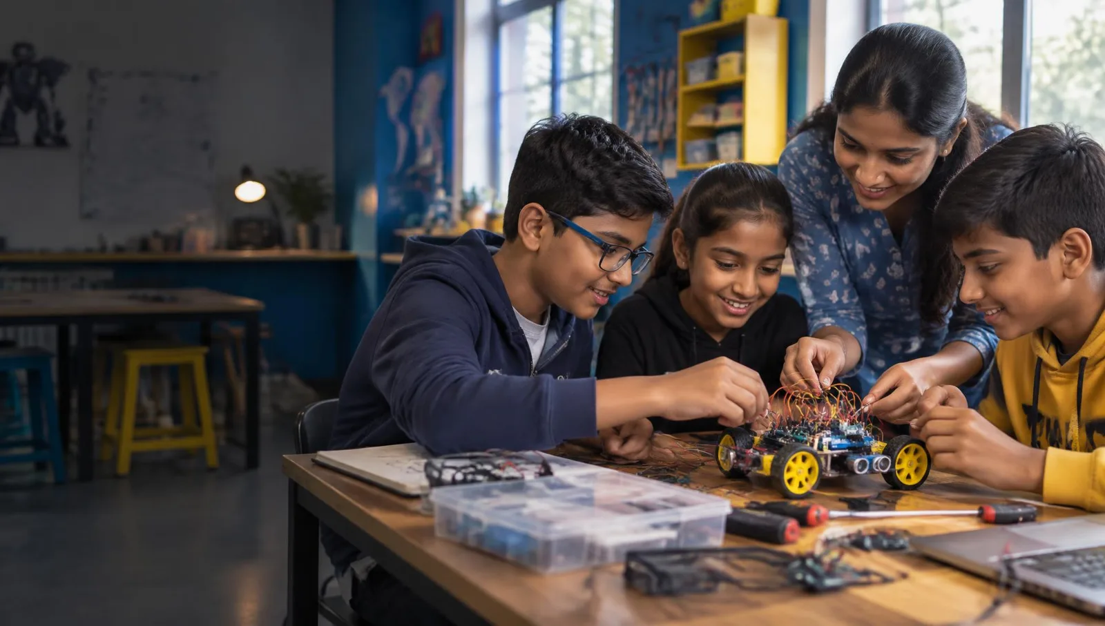 Illustrative classroom scene of children building a robotic car together