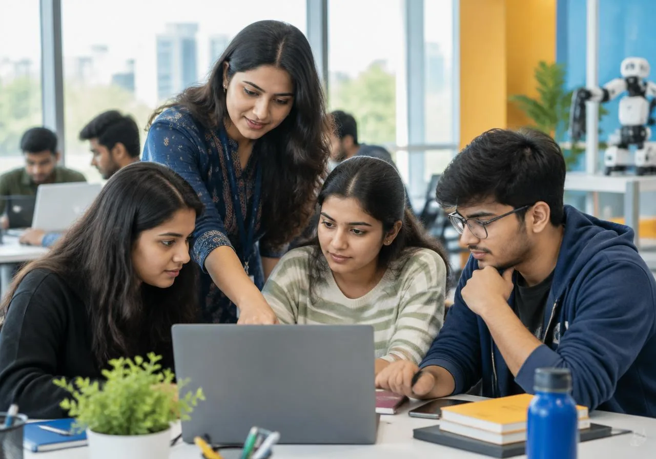 Illustration of young adults building digital skills with a mentor